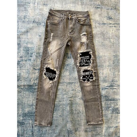 Shein Gray High Rise Distressed Patchwork Skinny Jeans Size 29 - Picture 1 of 5